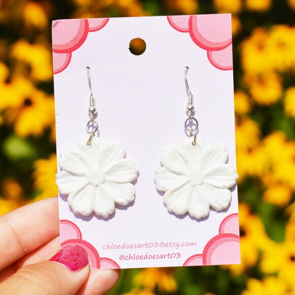 White Recycled Plastic Flower Earrings - Picture 1 of 4